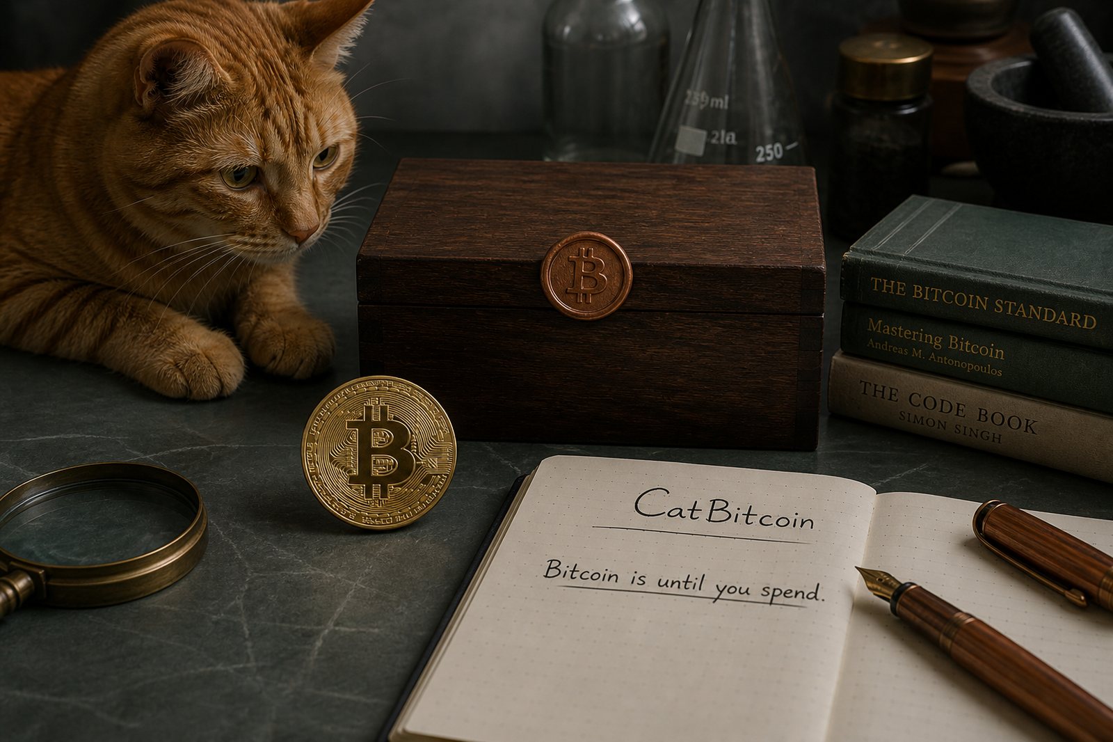 A physical bitcoin, a sealed box with a Bitcoin wax seal, and a notebook titled CatBitcoin.