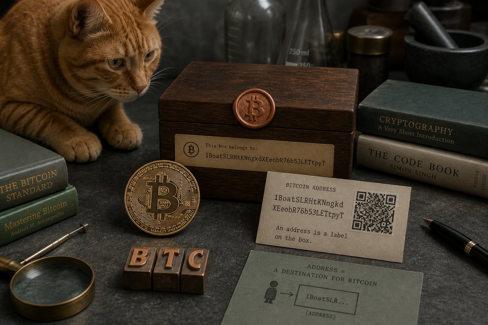 A large physical Bitcoin coin beside a letterpress address card, a Bitcoin QR code, and a box with a Bitcoin wax seal.