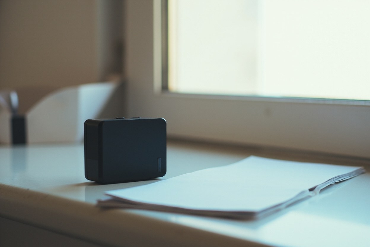 A small black hardware device sitting on a white shelf near a folded paper card, lit by soft daylight from a window.