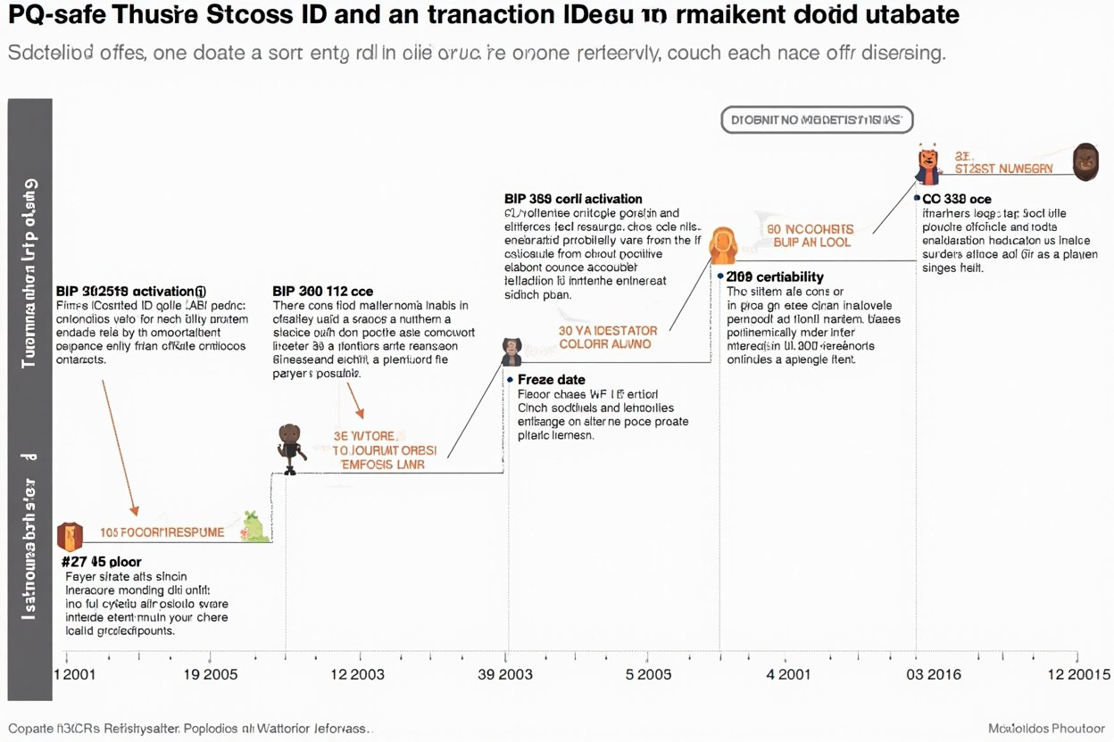 Timeline diagram showing BIP 360 shield activation, the malleability fix follow-up, and the freeze date, with each milestone marked at a block height.