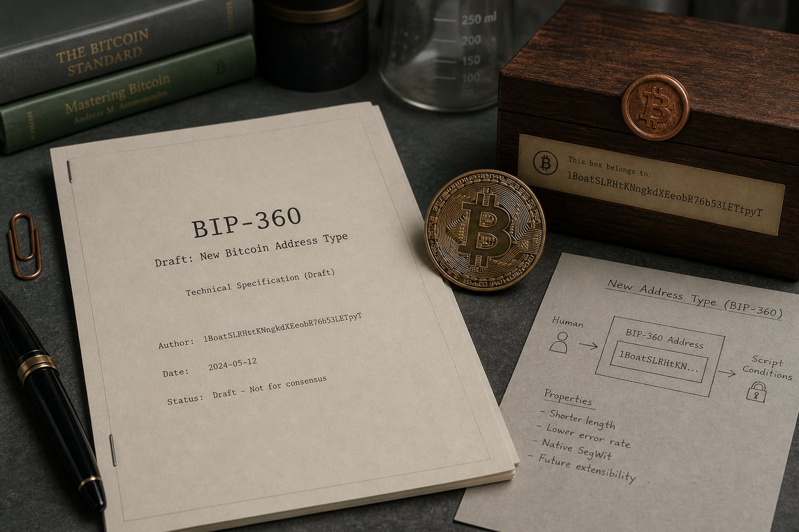 A stapled BIP-360 draft beside a physical bitcoin and a wooden box.