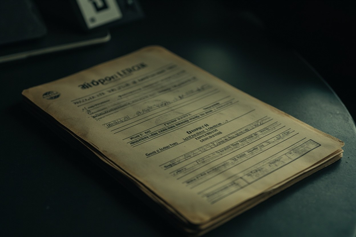 A close up of a printed ledger page with rows of alphanumeric strings in dim interior light