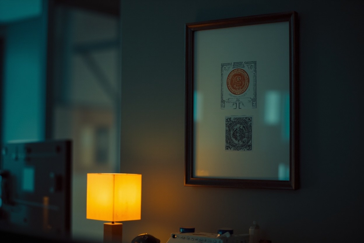 A single framed block sitting on a wall above a desk lamp in a dim office interior