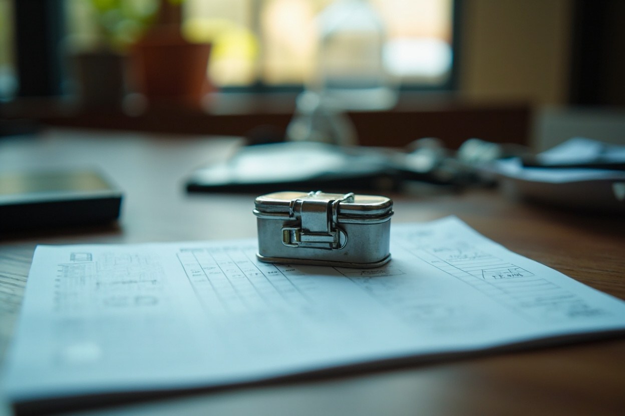 A close-up of a small locked metal box sitting on a closed ledger book in a quiet office, the daylight from a side window casting a long shadow across the page