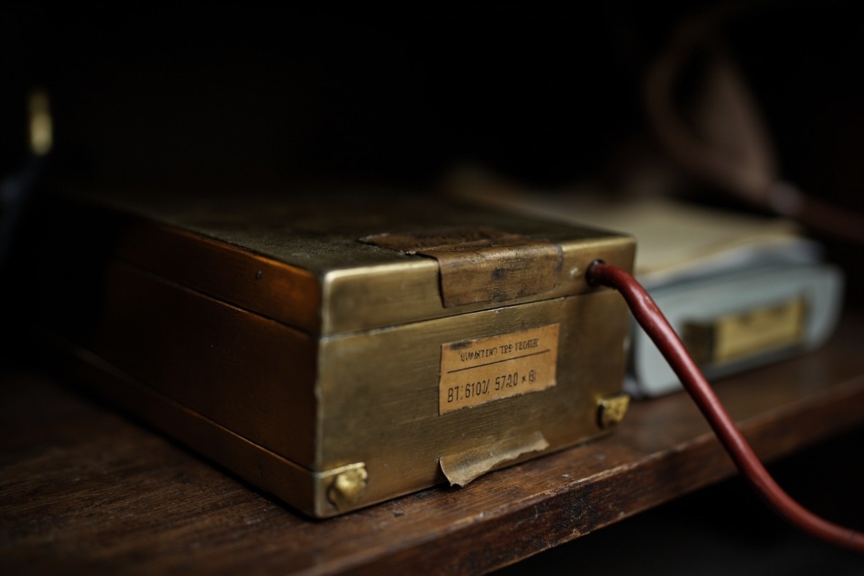 A small brass box on a wooden shelf in a dim interior, with a yellowed paper label taped to the lid and a thin red wire trailing off the back of the shelf into shadow.