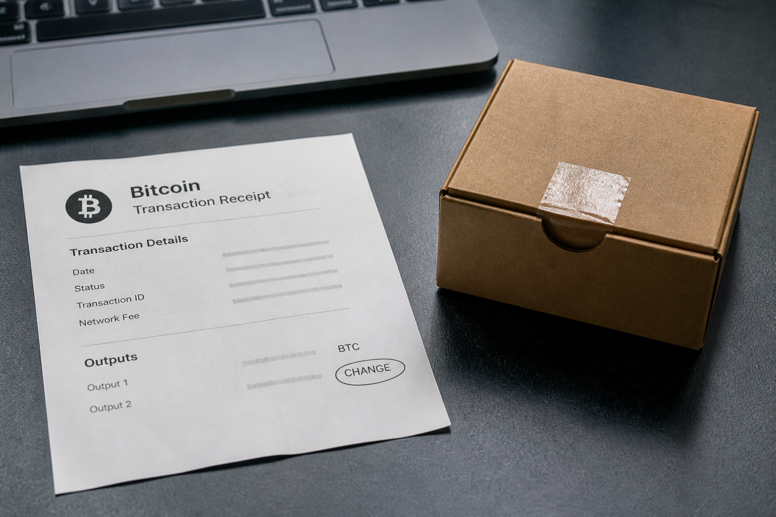 A paper Bitcoin receipt with a CHANGE line circled, beside a small sealed box.