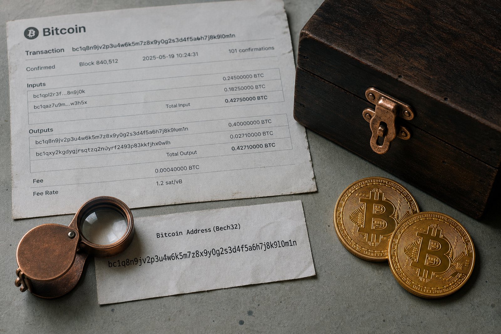 A copper loupe over a printed Bitcoin address and a block-explorer page, with physical bitcoins beside a wooden box.