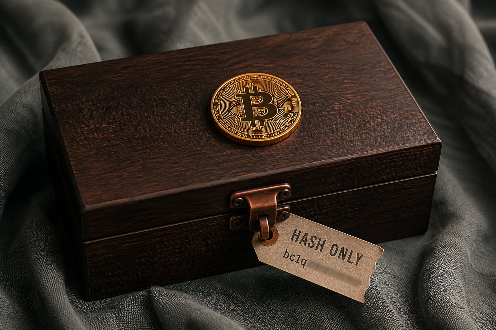 A sealed wooden box with a physical Bitcoin coin on the lid and a tag reading HASH ONLY over a bc1q address.