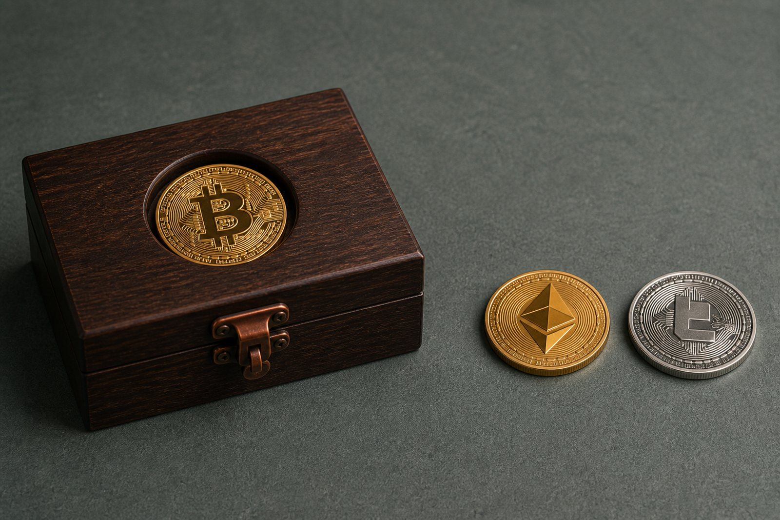 A bitcoin sealed inside a wooden box beside exposed Ethereum and altcoins sitting in the open.