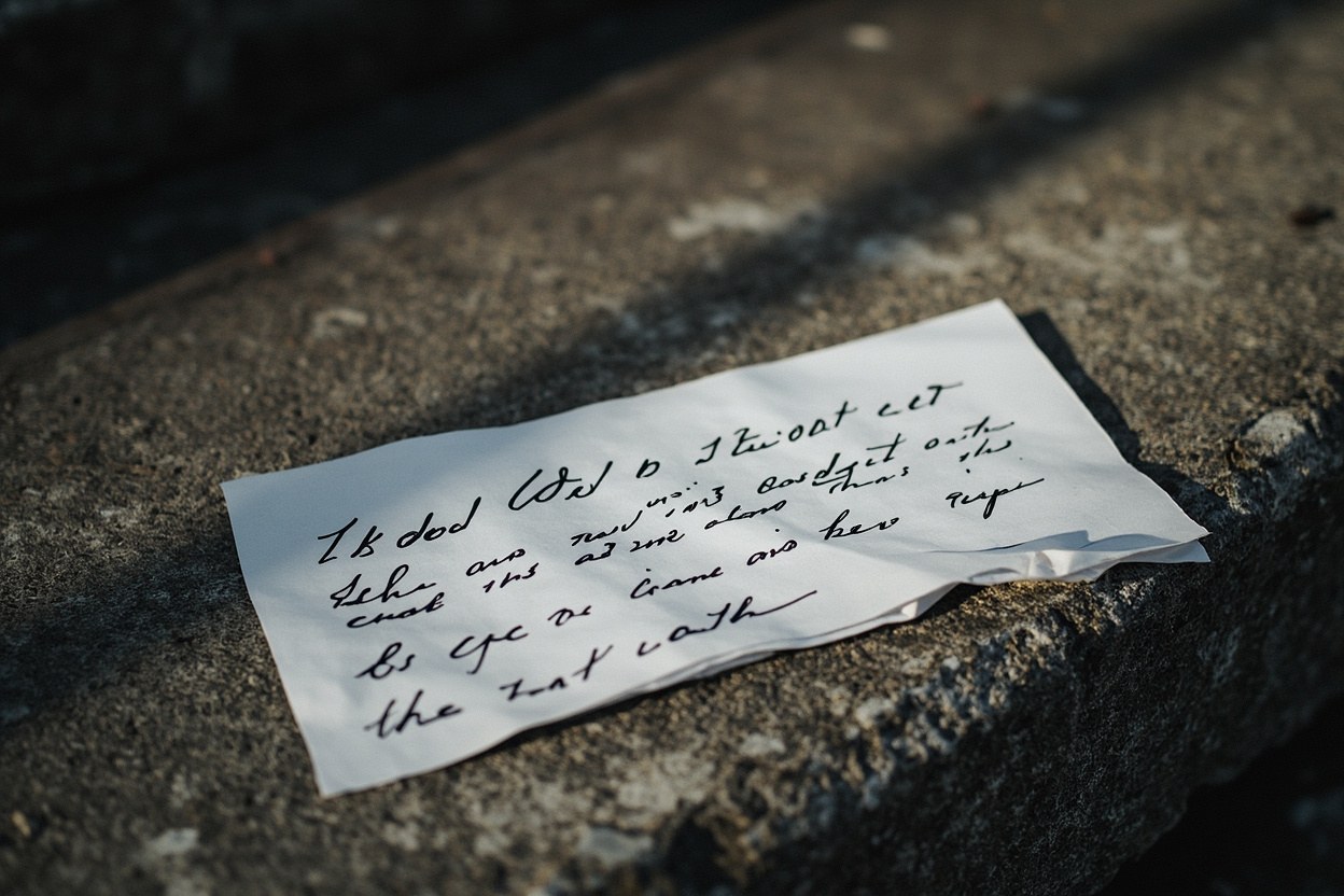 A folded sheet of paper on a street curb with handwriting visible