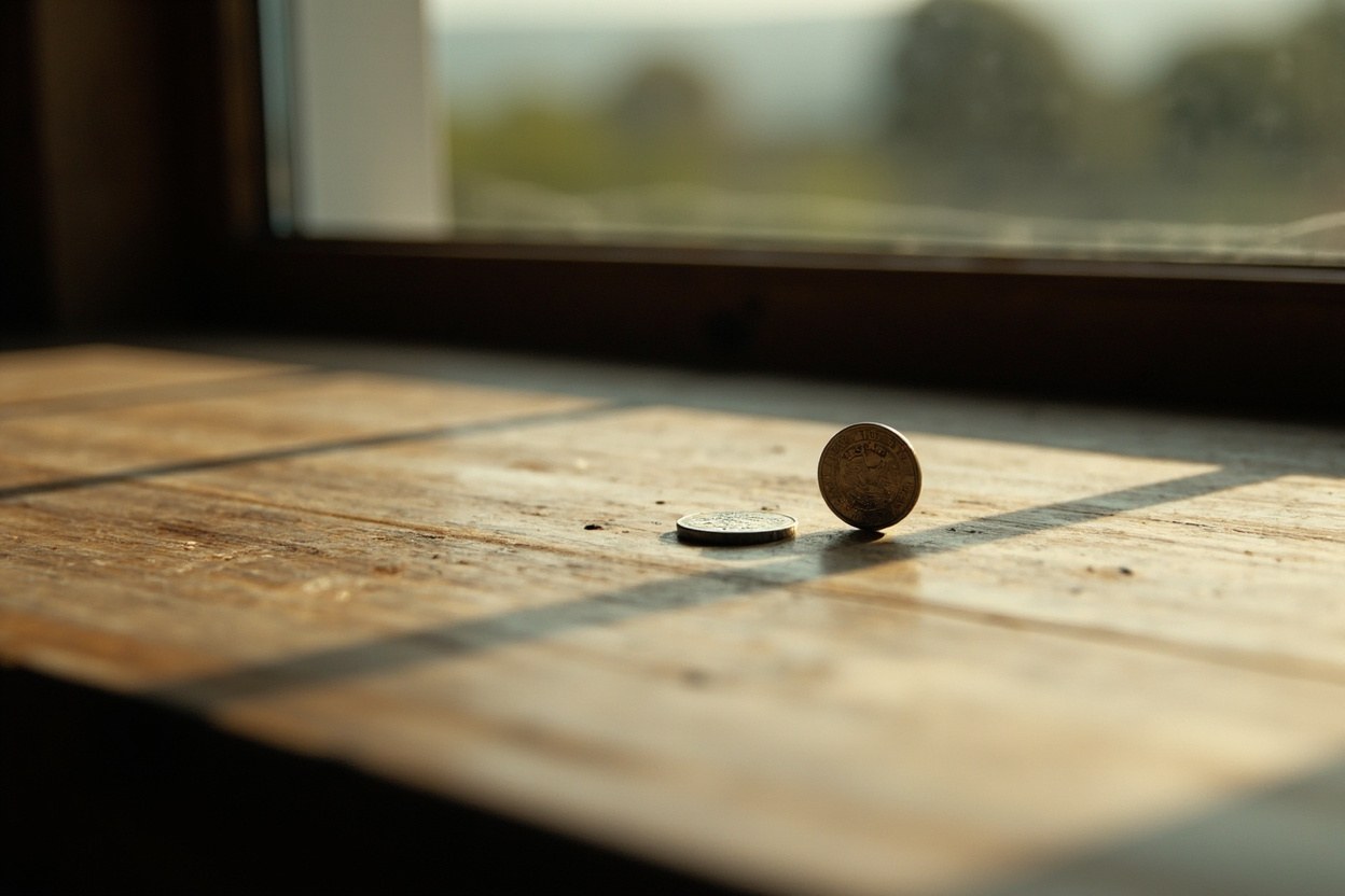 A single coin resting on a wooden surface in soft daylight near a window