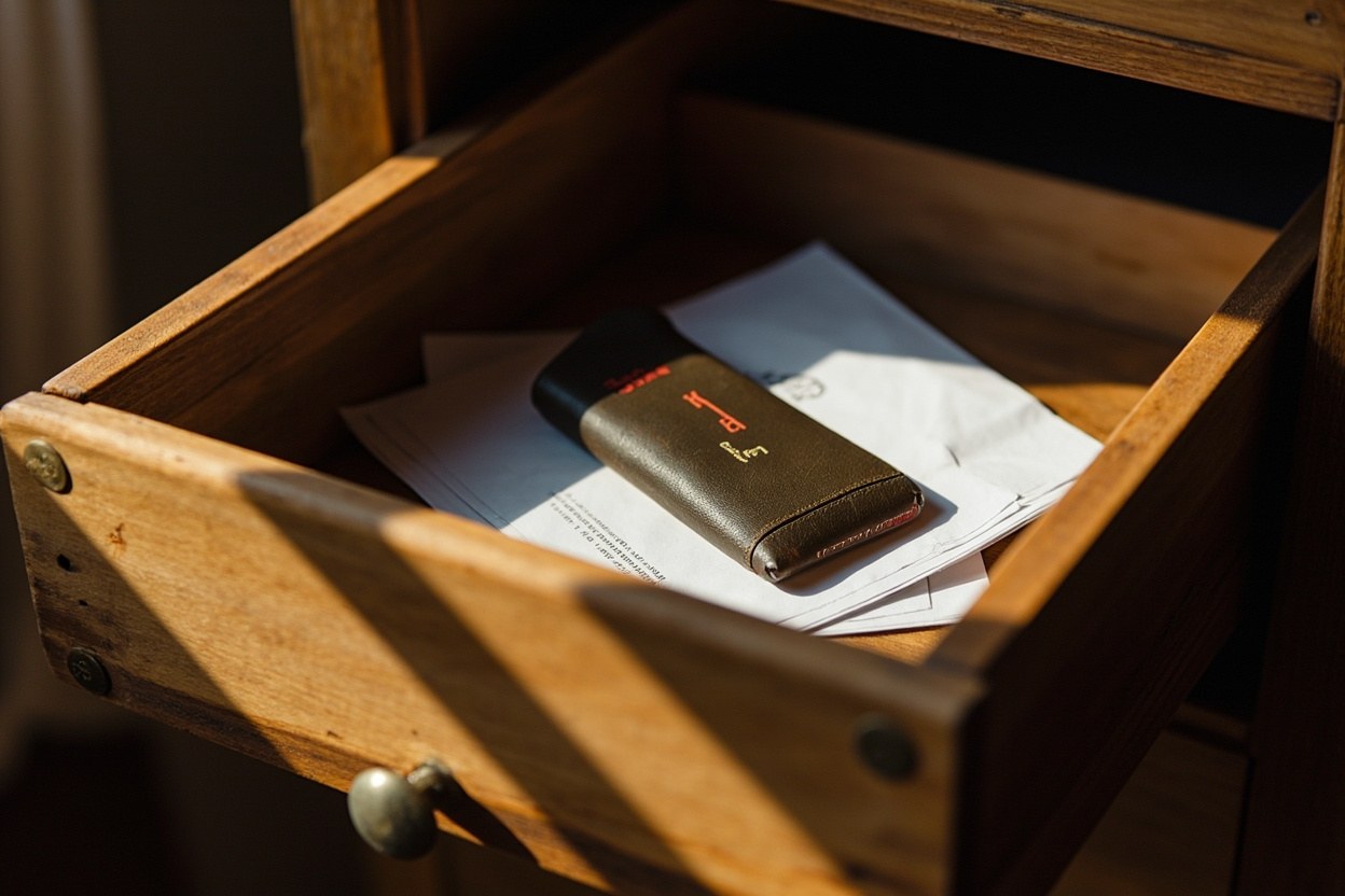 A hardware wallet resting in an open wooden drawer, daylight falling across the interior.