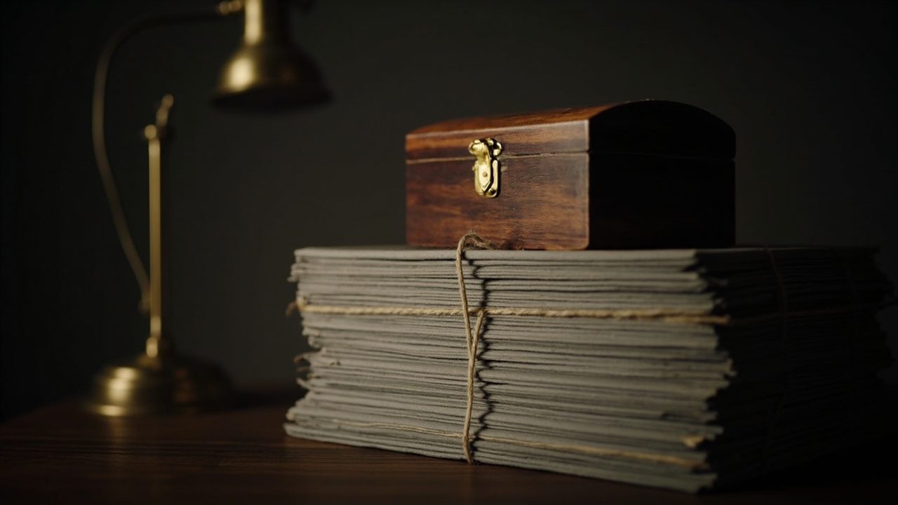 A closed wooden box with a brass clasp resting on a tall stack of grey archive folders tied with string, a brass desk lamp in the dark background.