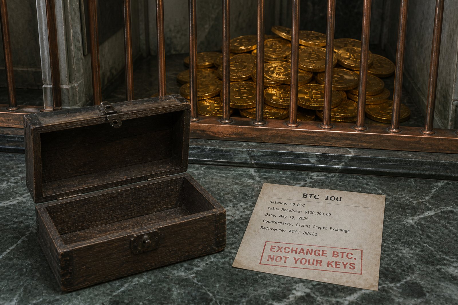 Physical bitcoins locked behind teller bars, with an empty wooden box and an exchange IOU on the customer side.
