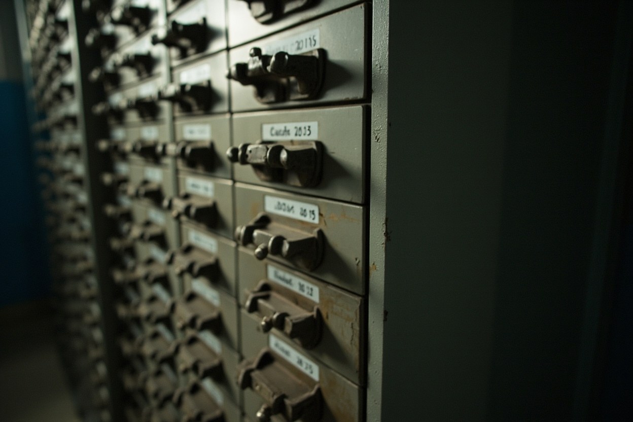 An old metal filing cabinet in a quiet archive room, drawers labelled with handwritten dates, light falling across the rows of folders
