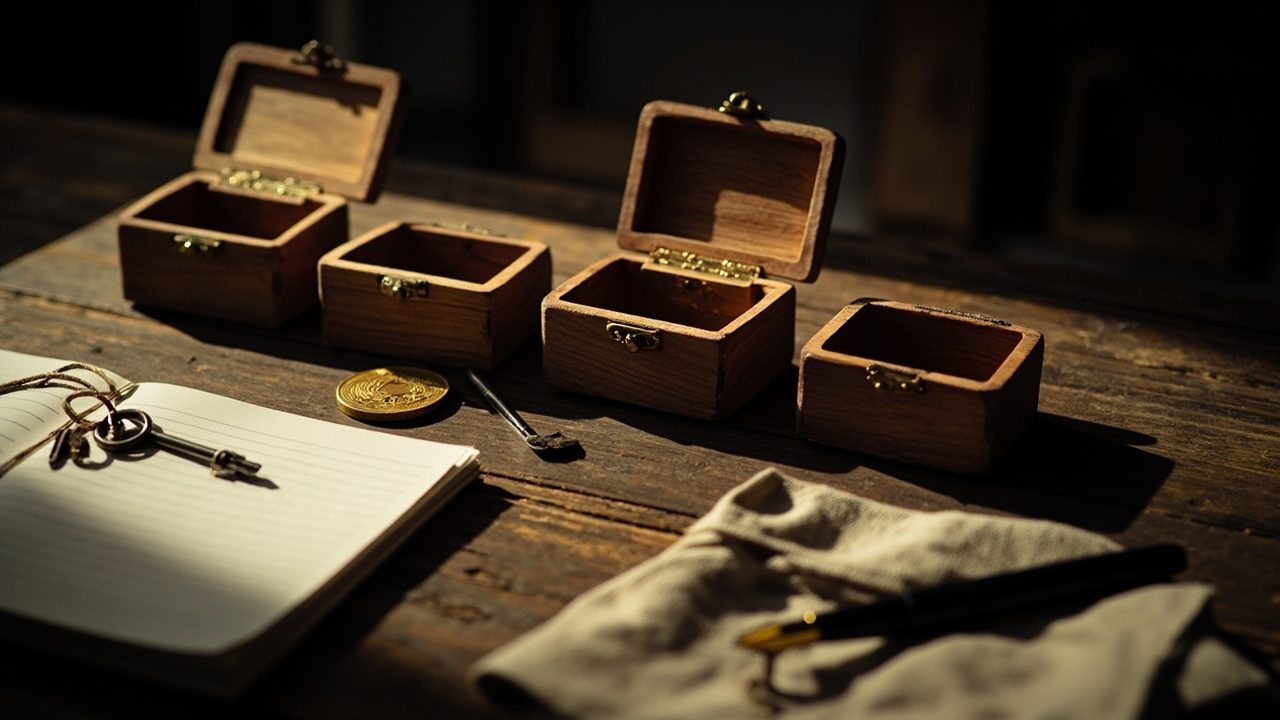 Four small open wooden boxes on a dark workbench beside a key tied to a notebook, a gold coin, a pen and a linen cloth.