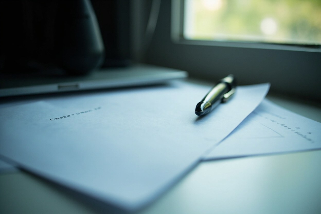 A folded paper document on a plain interior surface, lit by daylight from a side window, with a pen resting at an angle and a small brass key near the edge of the frame.