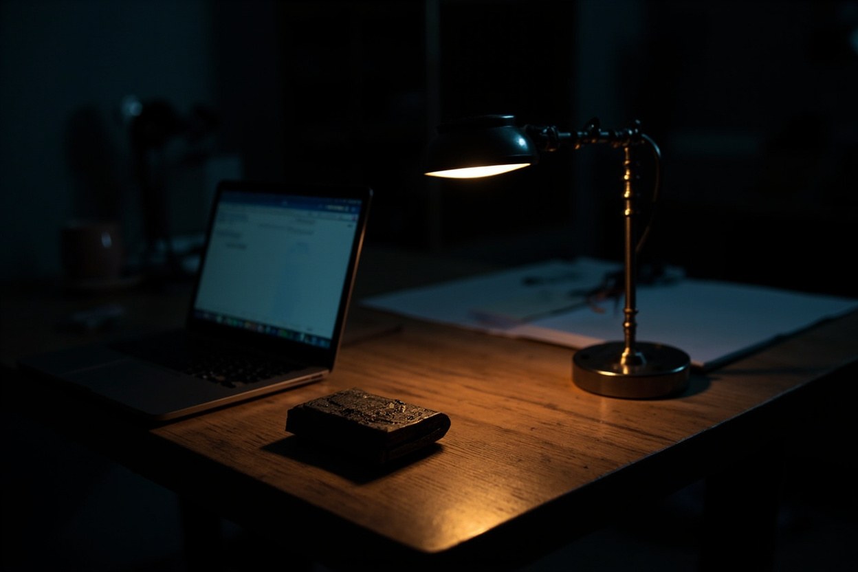 A dimly lit workspace at night, a single desk lamp casting warm light over a notebook and a hardware wallet, the room otherwise in shadow.