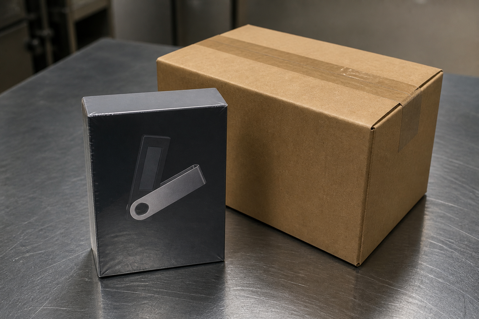 A sealed hardware-wallet box beside a closed cardboard shipping box on a metal table.