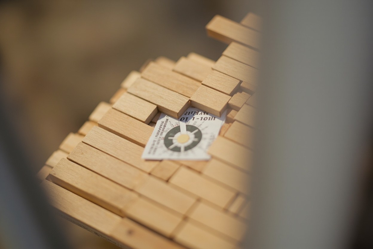 A small wooden puzzle box with a single numeric dial, photographed in daylight