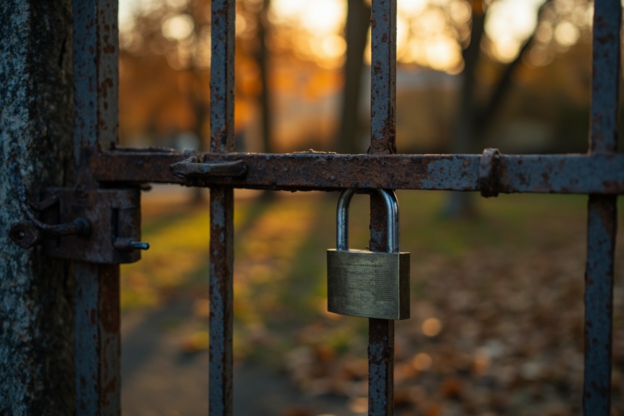 A heavy padlock on a rusted iron gate in autumn daylight