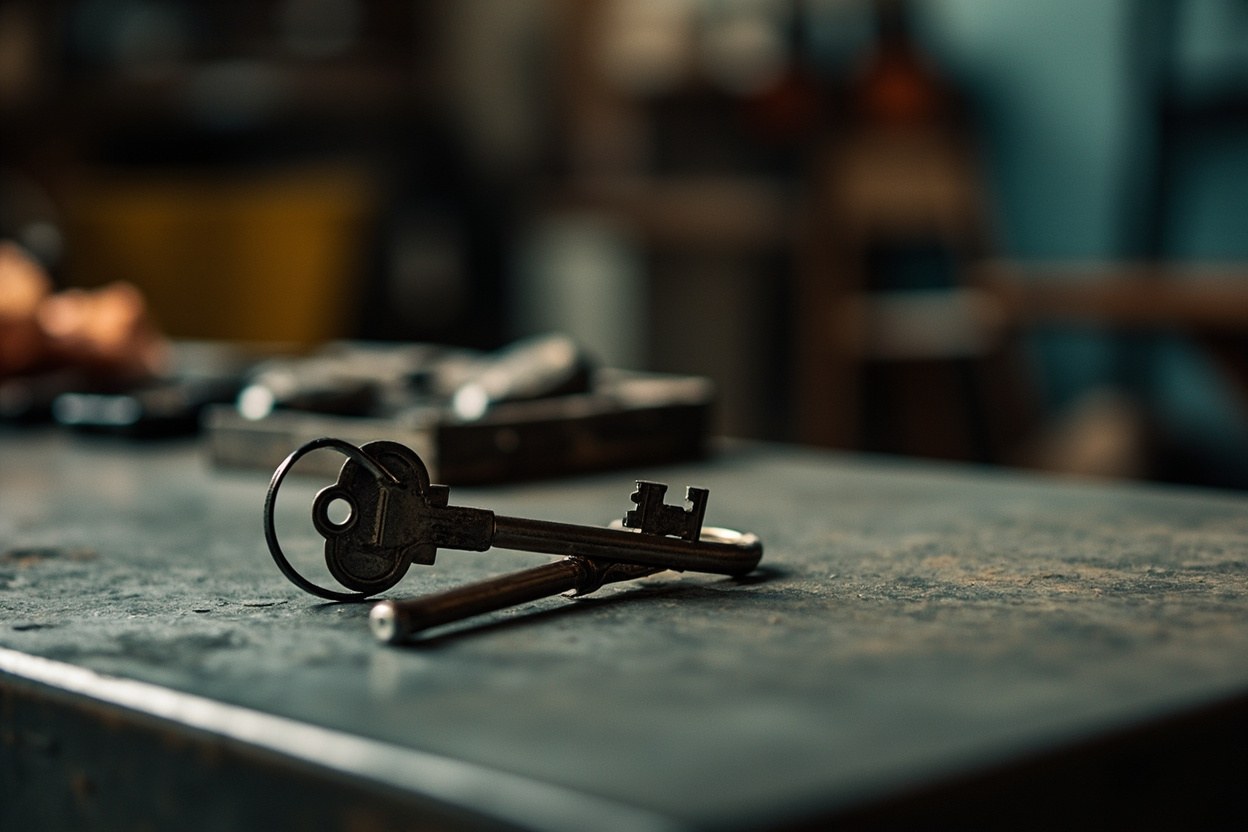 Two keys on a steel workbench in a workshop interior