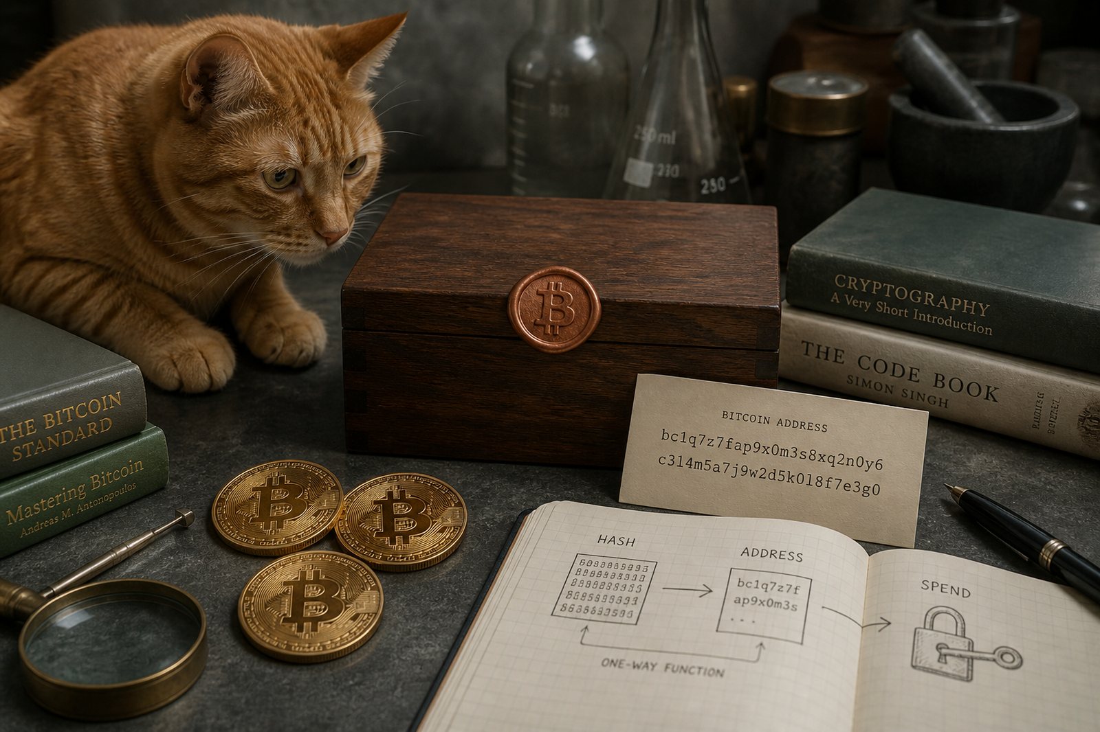 A tabby cat watching a sealed wooden box stamped with a Bitcoin symbol, physical bitcoins and a bc1q address card on the bench.