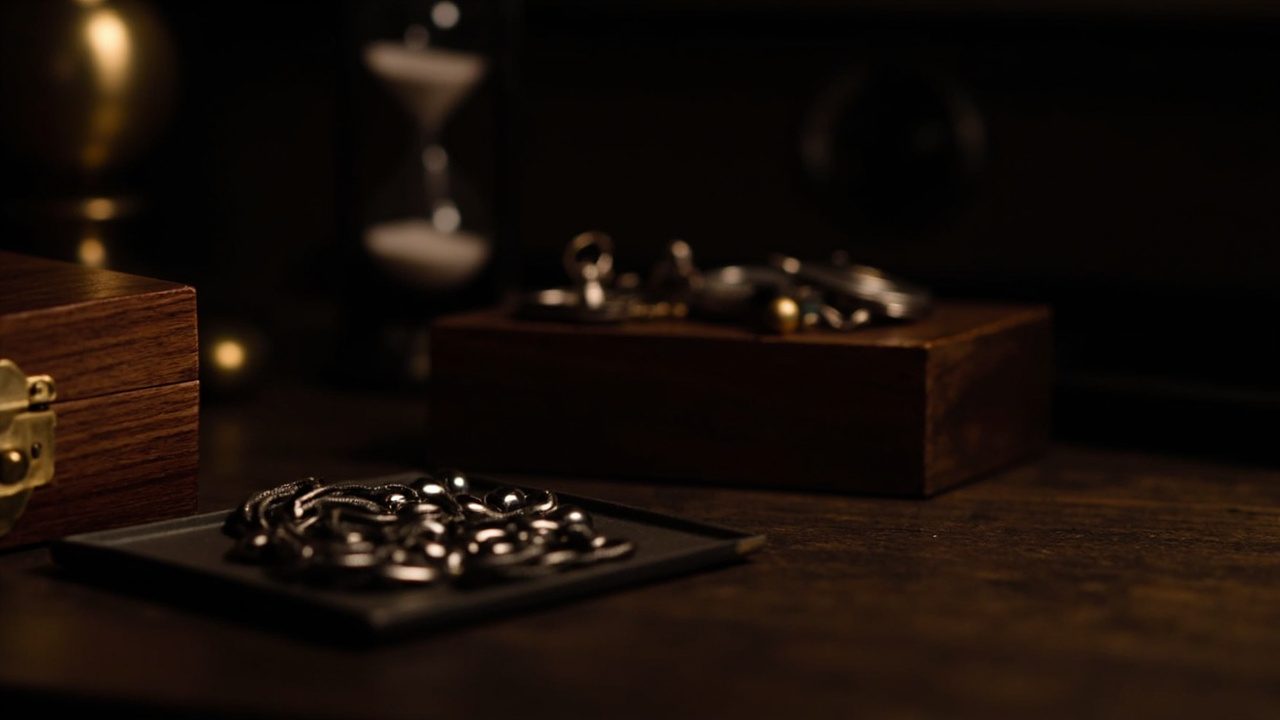 A wooden box with a brass clasp at the edge of a dark desk, a tray of dark metal links in front of it and an hourglass blurred in the background.