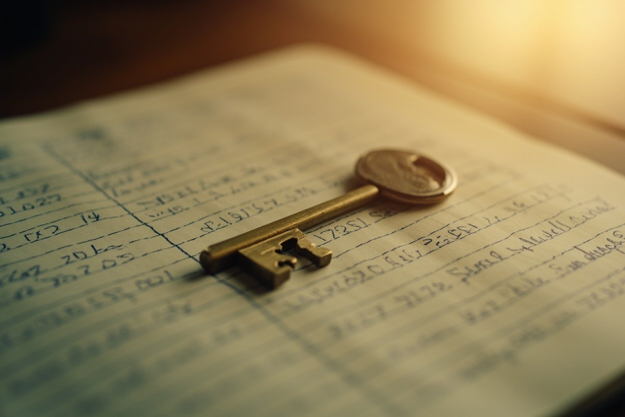 A close-up of a brass key resting on of a hand-written ledger, the page filled with columns of small figures, warm interior light from a desk lamp.