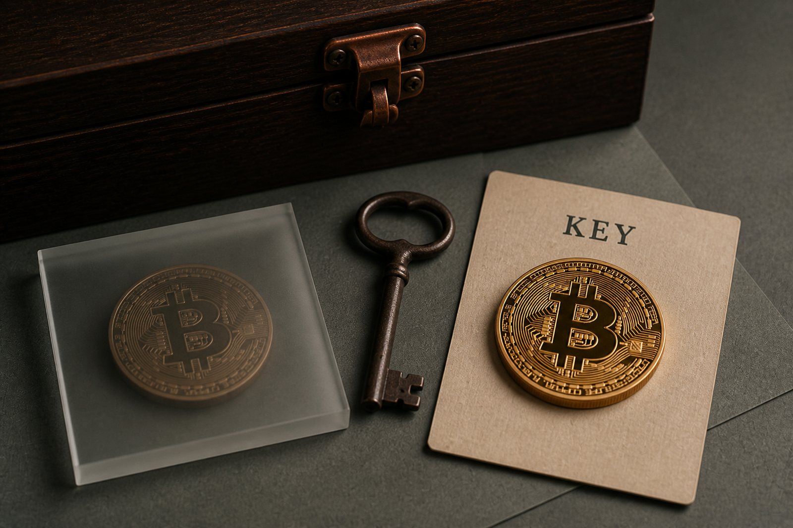 Two physical bitcoins: one dim under frosted glass, one fully visible on a KEY card, with an iron private key between them.