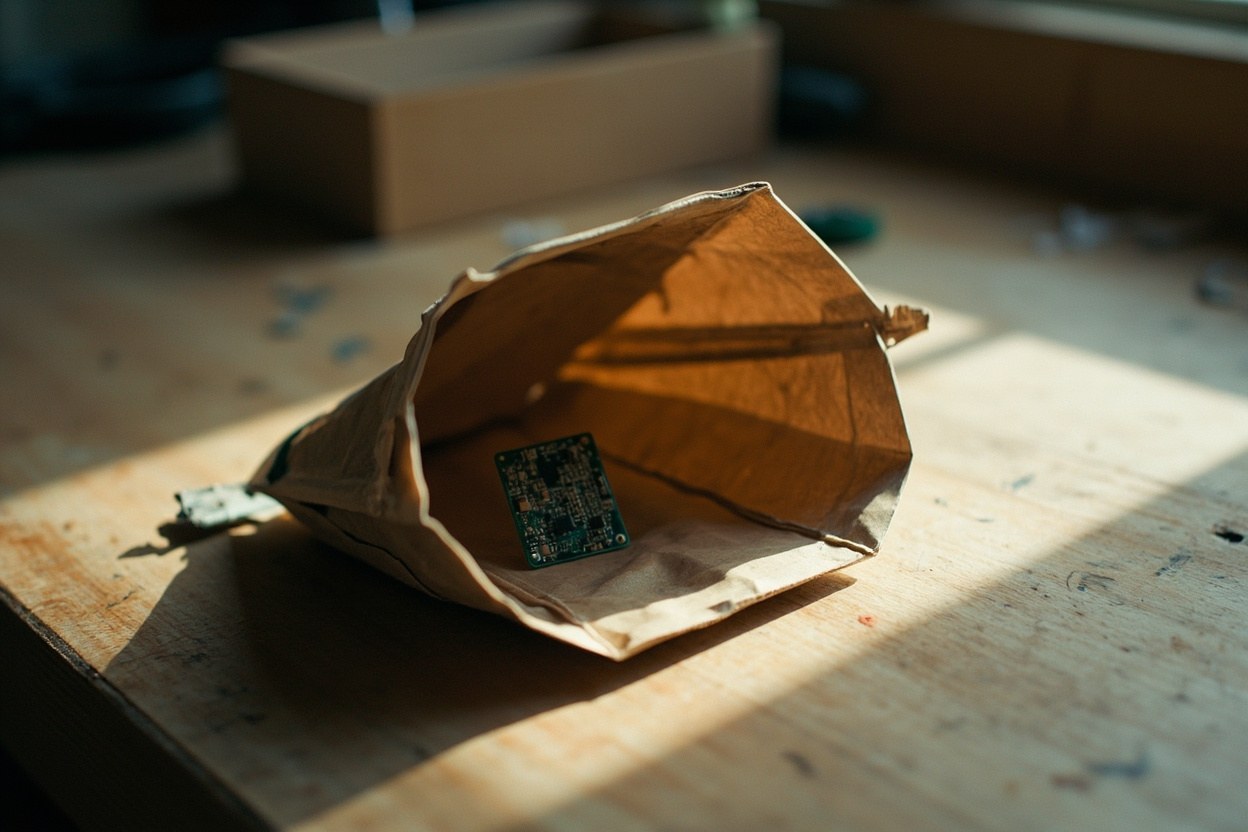 A folded paper knapsack resting on a workshop bench under daylight, with a small printed circuit board peeking out of the top pocket