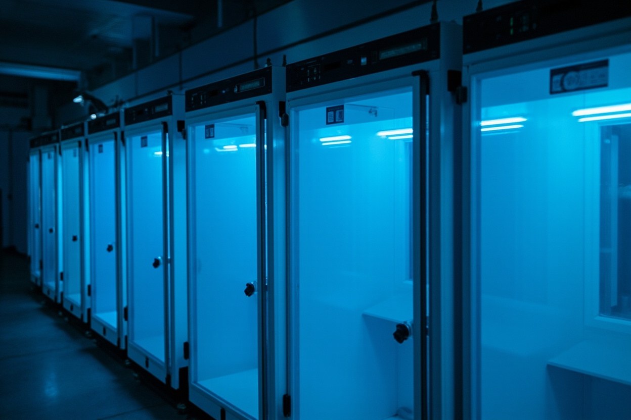 A row of dilution refrigerators glowing blue inside a quiet laboratory interior