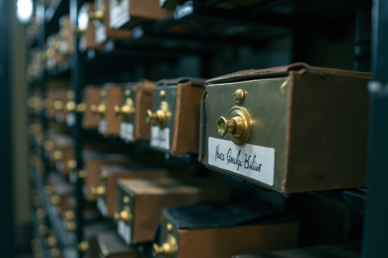A row of small locked boxes in a metal cabinet, one with a handwritten address label, interior light catching the brass of an old key