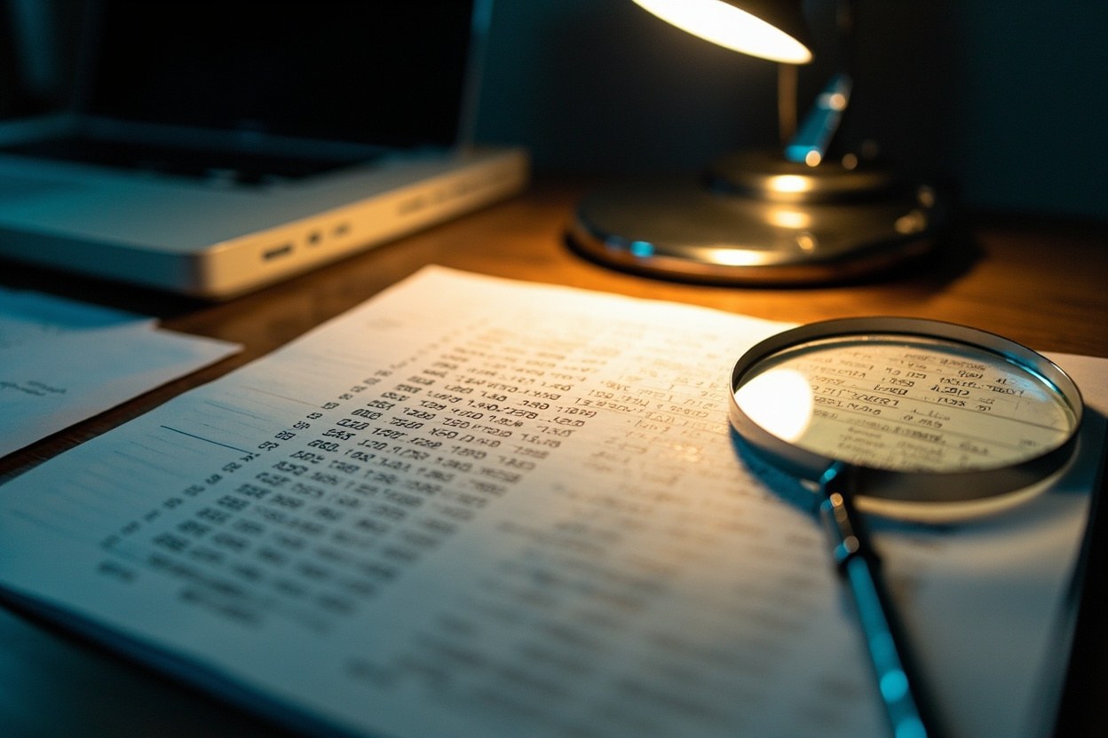 A close view of a printed ledger page on a desk under a desk lamp, columns of numbers and hex strings, a magnifying glass at the edge of the page, dim room interior