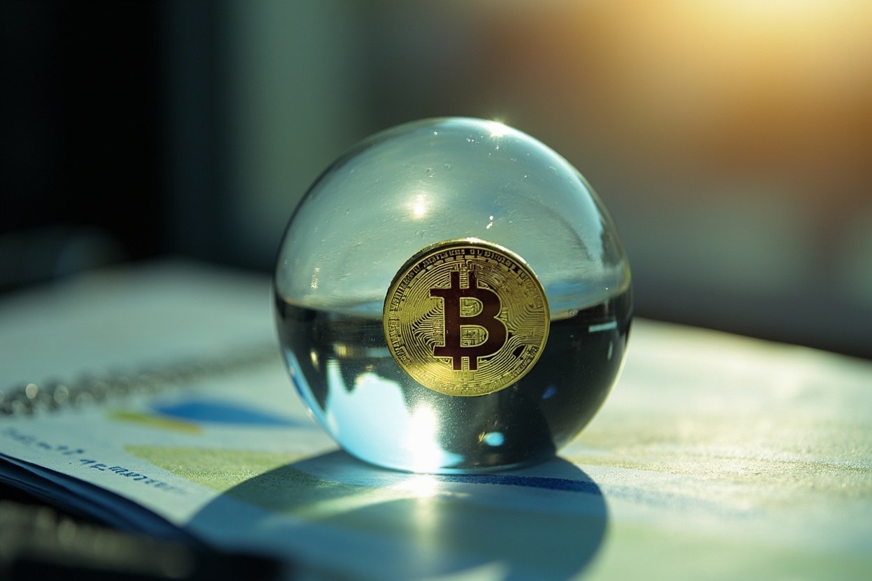 Close up of a glass paperweight resting on a desk, the refracted daylight inside it catching a single coin edge, the rest of the room in soft focus.