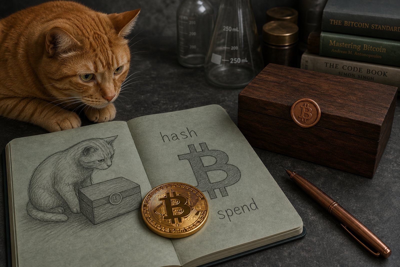 An open lab notebook with a cat sketch and a large Bitcoin symbol, a physical bitcoin used as a paperweight beside a sealed box.