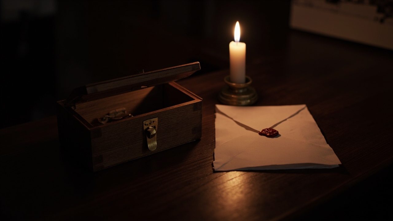 A small wooden box with its lid lifted open beside a burning candle in a brass holder and a folded envelope with a red wax seal on a dark wooden desk.