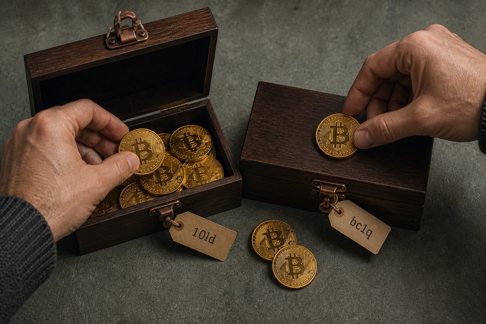 Hands moving physical bitcoins from an open box tagged with an old address into a sealed box tagged bc1q.