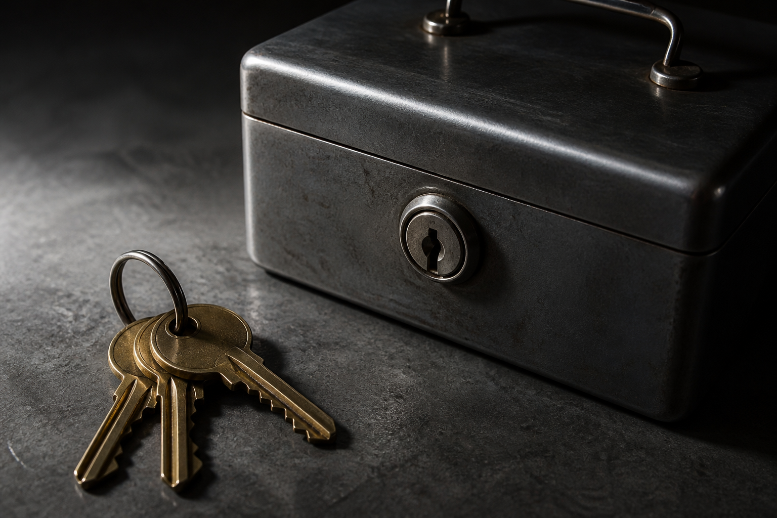 Three brass keys on a steel ring next to a locked steel box.