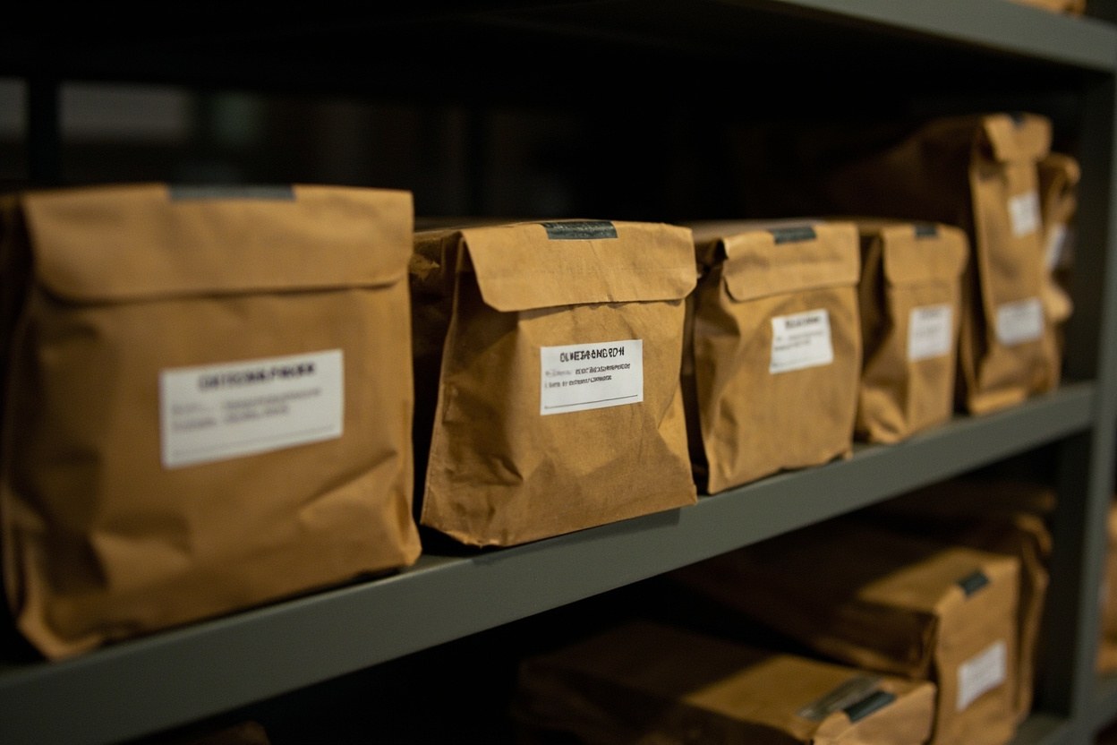 A row of sealed manila envelopes on a shelf in a quiet archive interior, each one labelled with a short alphanumeric string, the light falling across the row in soft afternoon glow.