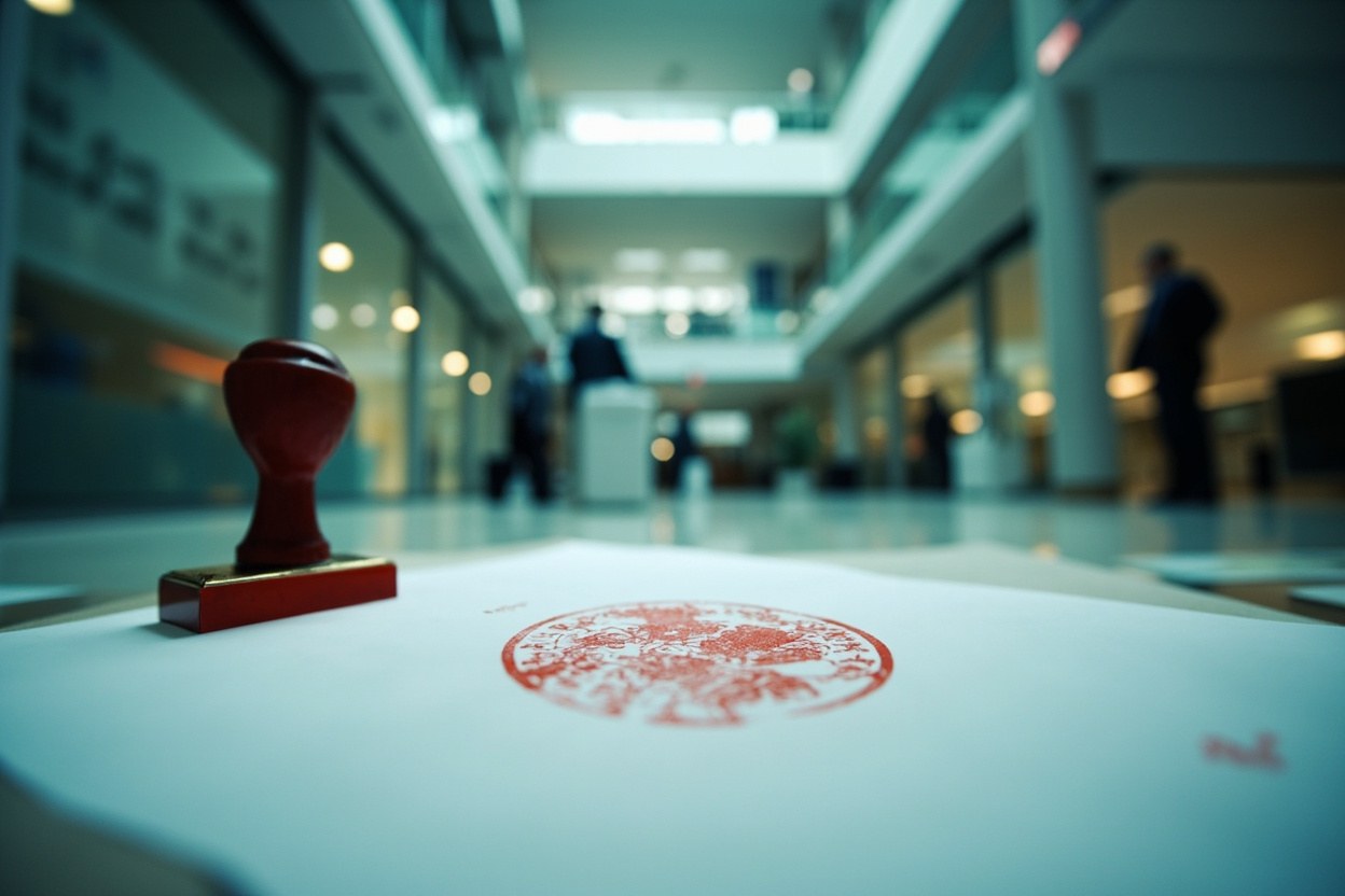 A red rubber stamp pressed into paper under fluorescent office lighting, a blurred government atrium beyond the glass