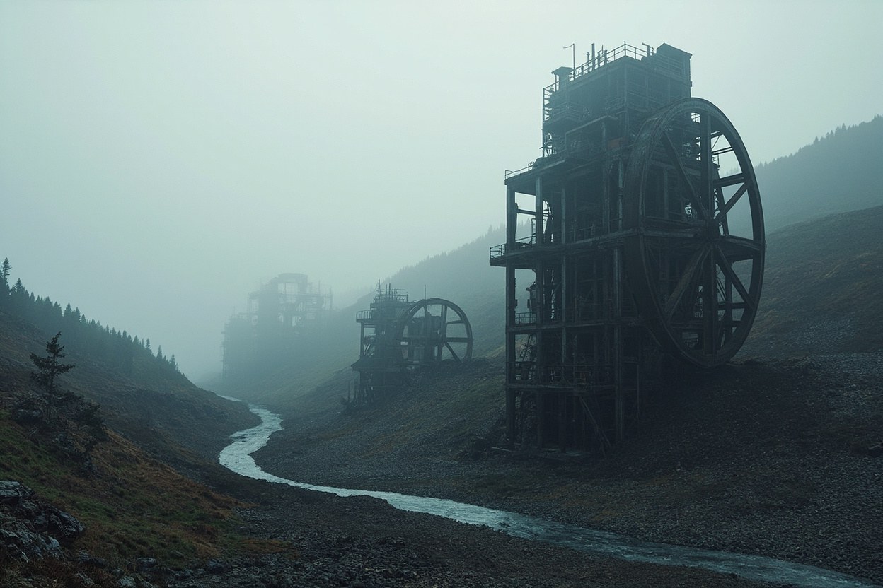 An abandoned mining shaft headframe silhouetted against a grey October sky, the winding wheel stationary and the surrounding yard empty, daylight fading.