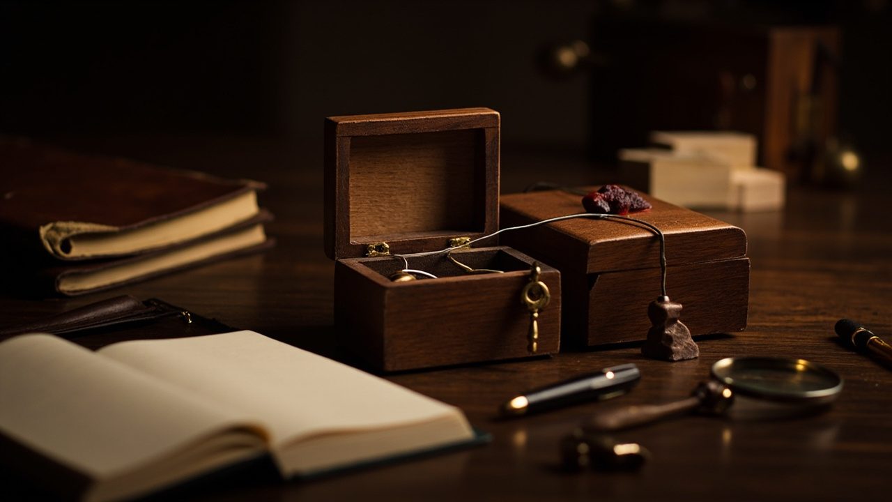 An open wooden box with a thin wire strung across its top beside a closed box sealed with red wax, on a dark desk with open notebooks, a pen and a magnifying glass.