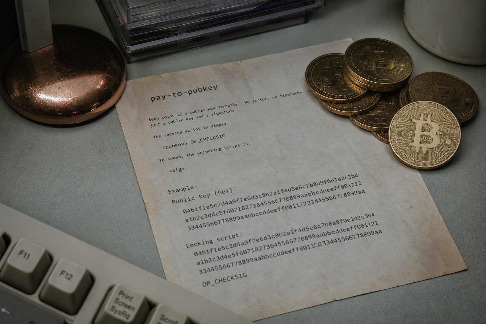 A 2009 pay-to-pubkey printout showing a hexadecimal public key beside a stack of early physical bitcoins — no closed box.