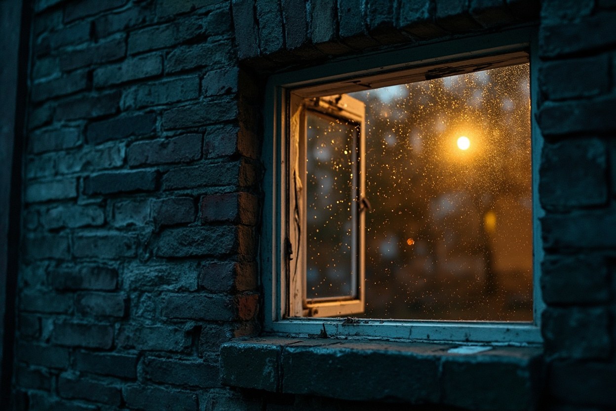 A wide open window in a brick wall at dusk, with rain on the sill and a small room lit behind it