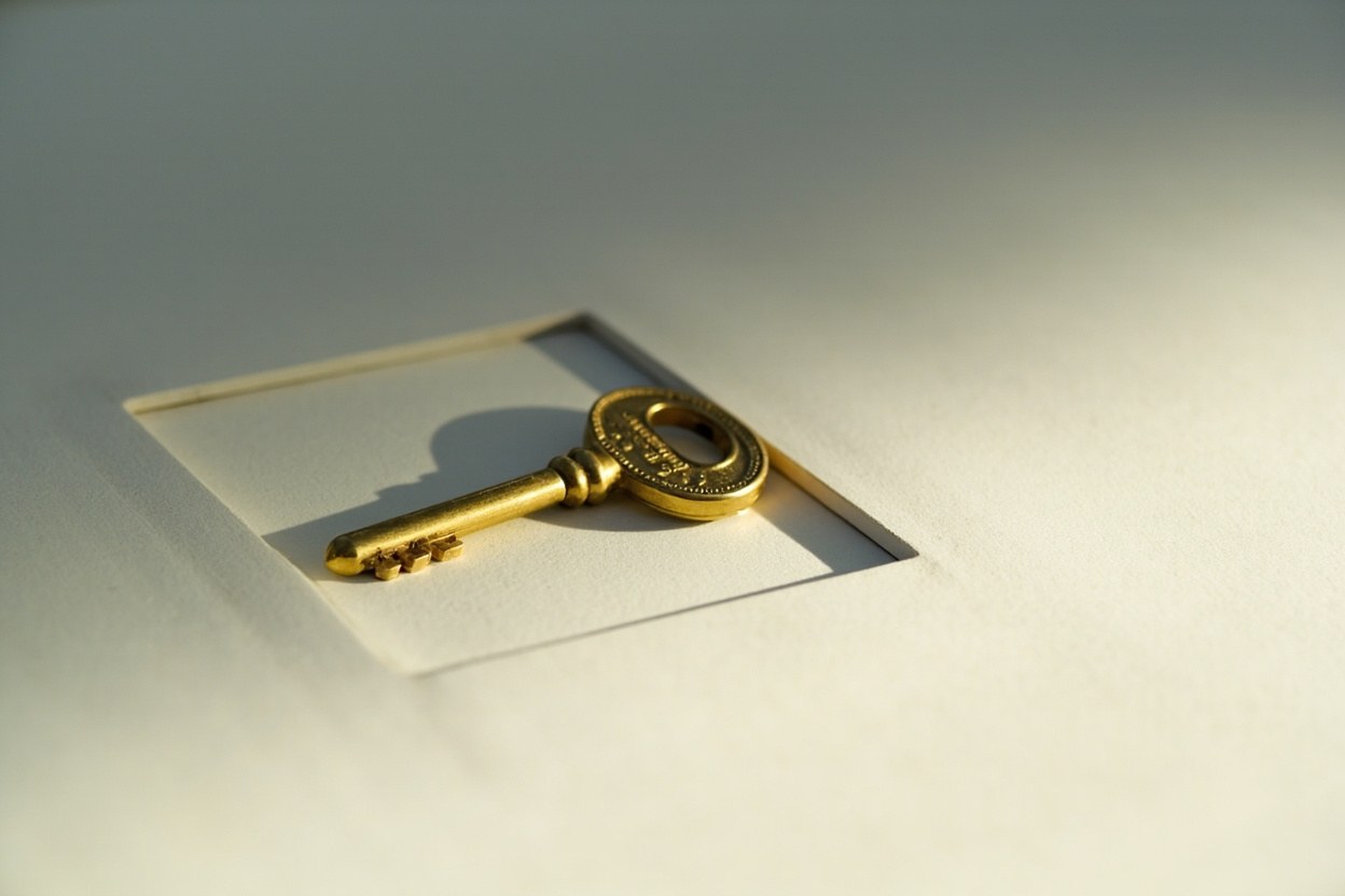 Close up of a single brass key resting on a pale surface beside its empty rectangular outline, the outline slightly raised, with soft interior lighting.