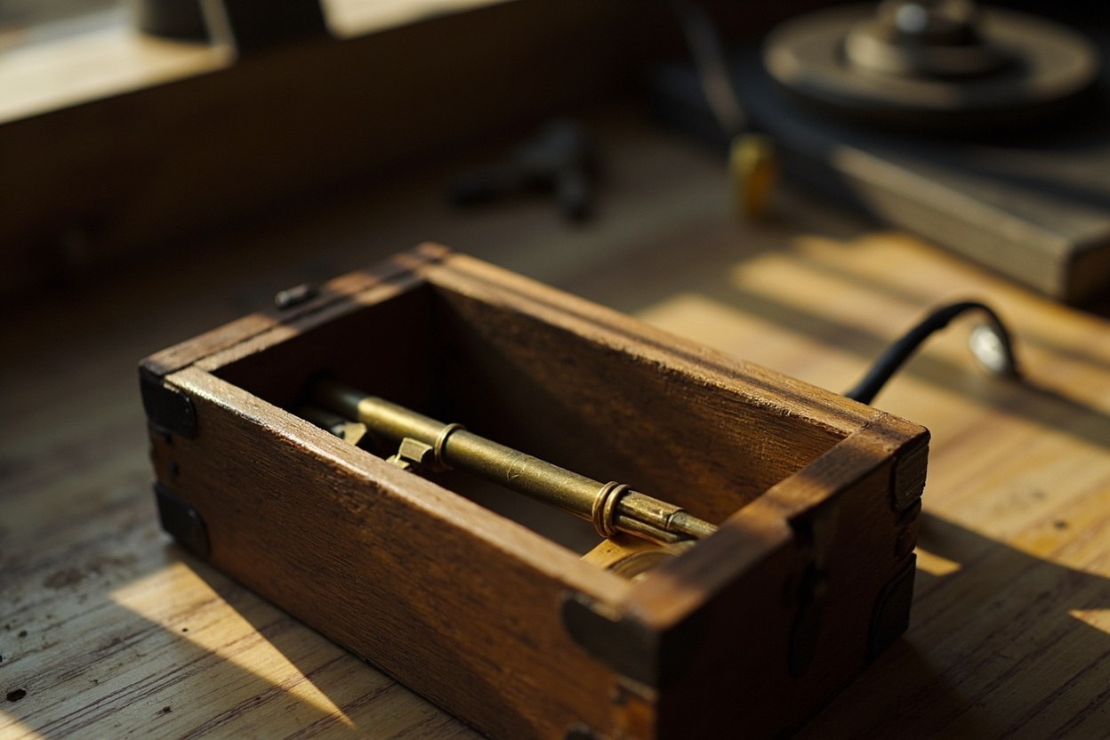 A close view of a brass key blank resting inside a small locked wooden box on a workshop bench, daylight from a side window