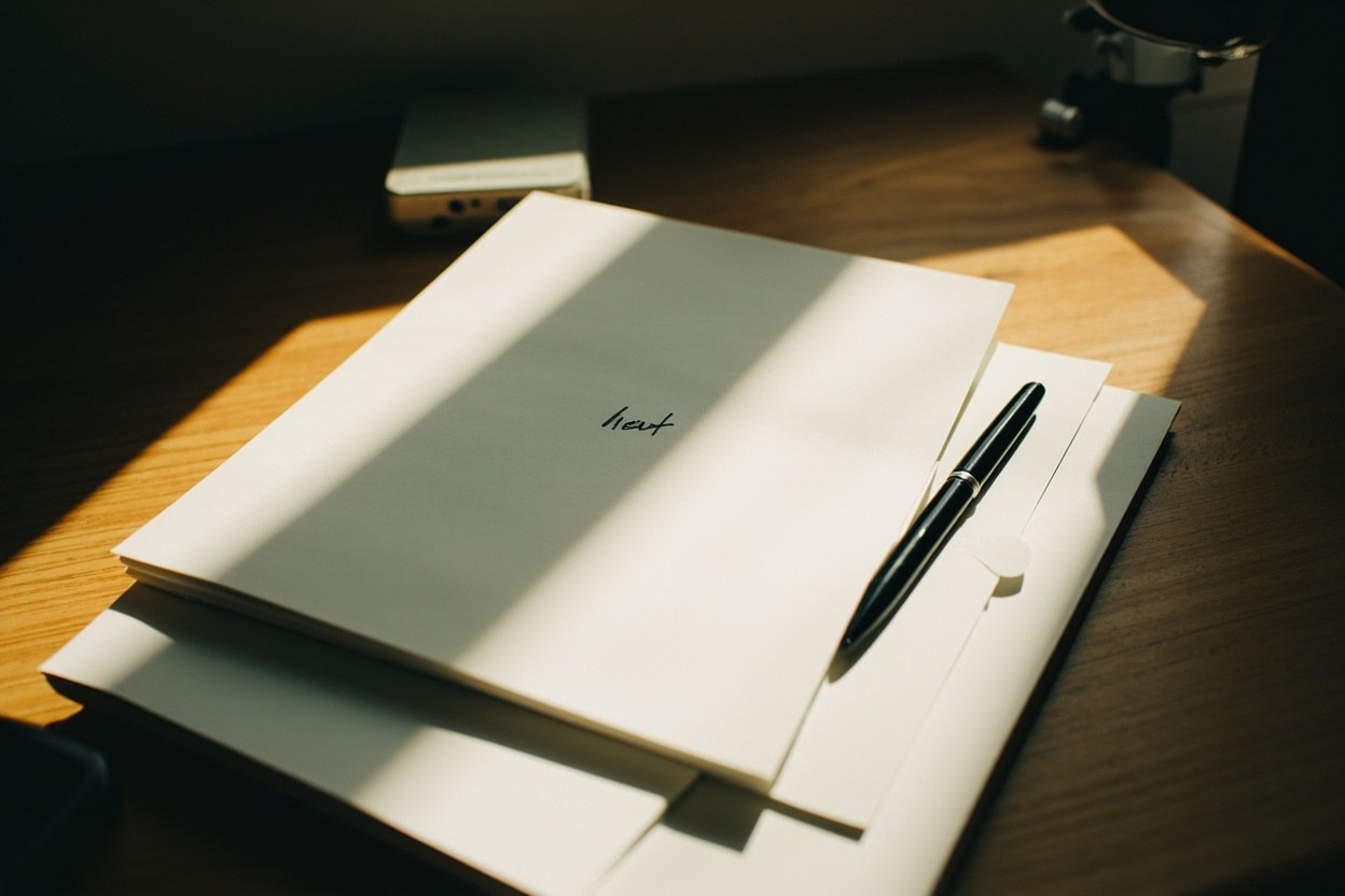 An open notebook on a wooden desk with a single short handwritten line, a pen beside it, morning light across the page.