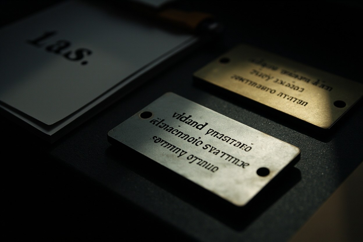 Two small steel plates resting on a dark shelf, one stamped with words, the other with a shorter string, soft daylight from a window.