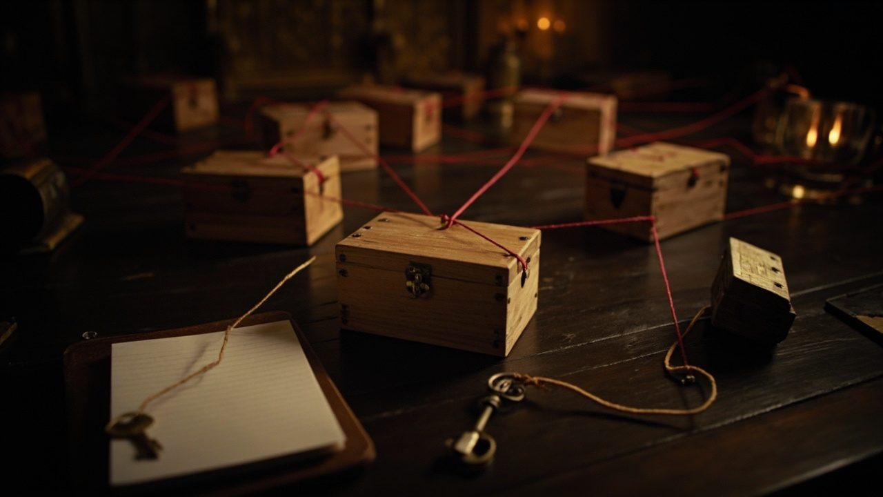 A small closed wooden box on a dark wooden desk, tied by strands of red thread to a web of other small wooden boxes, with an old iron key and a notepad in the foreground and candle light behind.